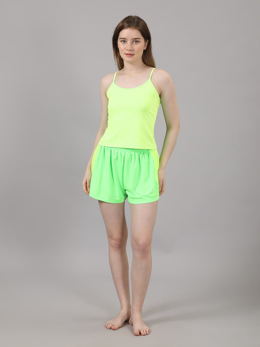 Neon Lime Green Co-ord Set – Spaghetti Top & Elastic Waist Shorts