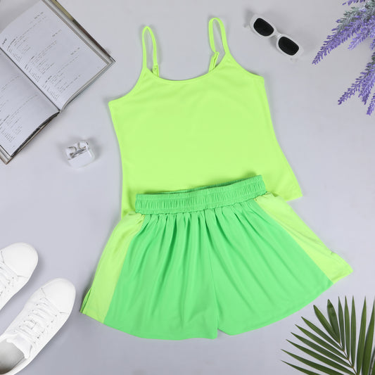 Neon Lime Green Co-ord Set – Spaghetti Top & Elastic Waist Shorts