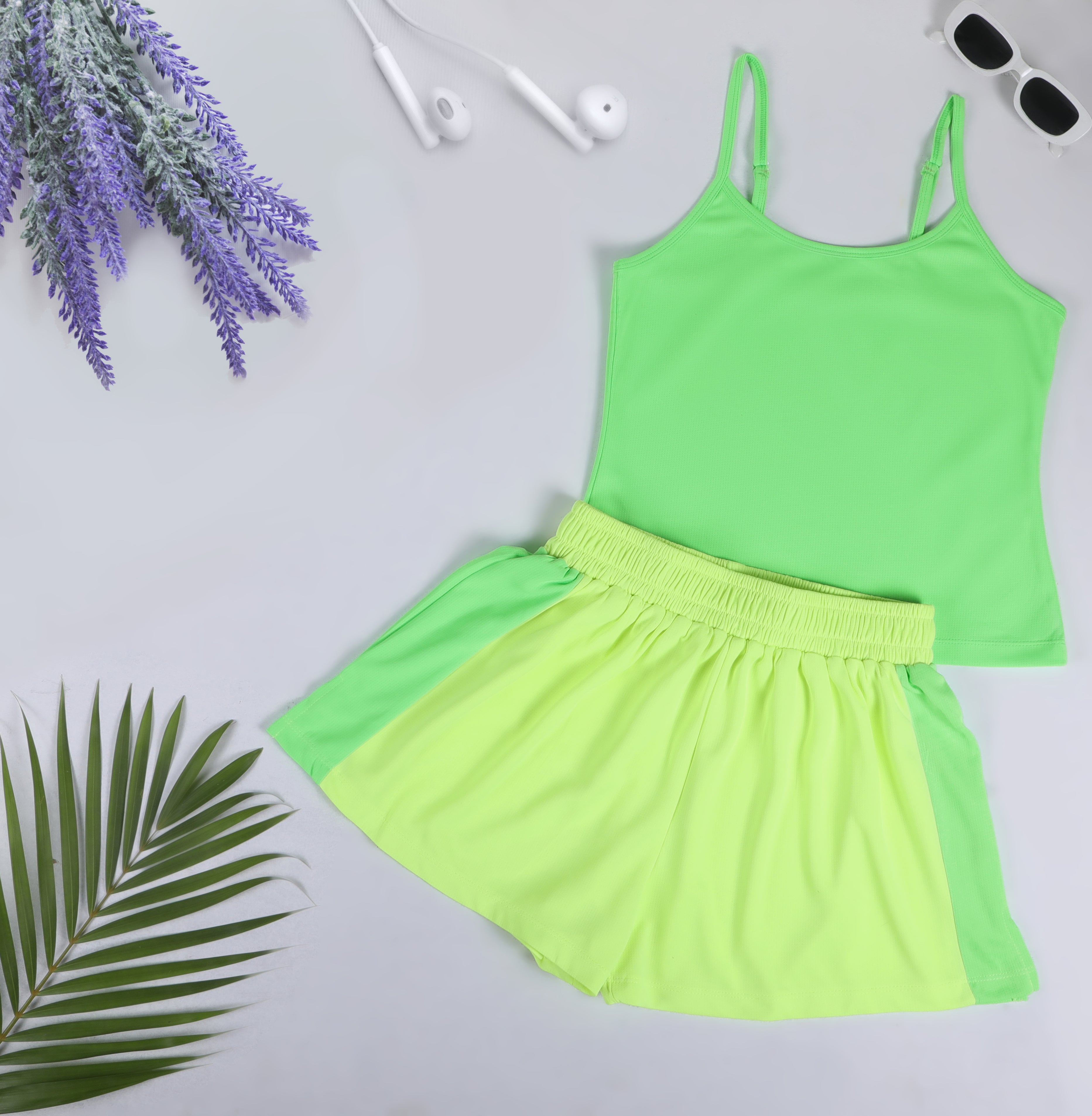 Neon Green Lime Co-ord Set – Spaghetti Top & Elastic Waist Shorts