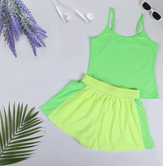 Neon Green Lime Co-ord Set – Spaghetti Top & Elastic Waist Shorts